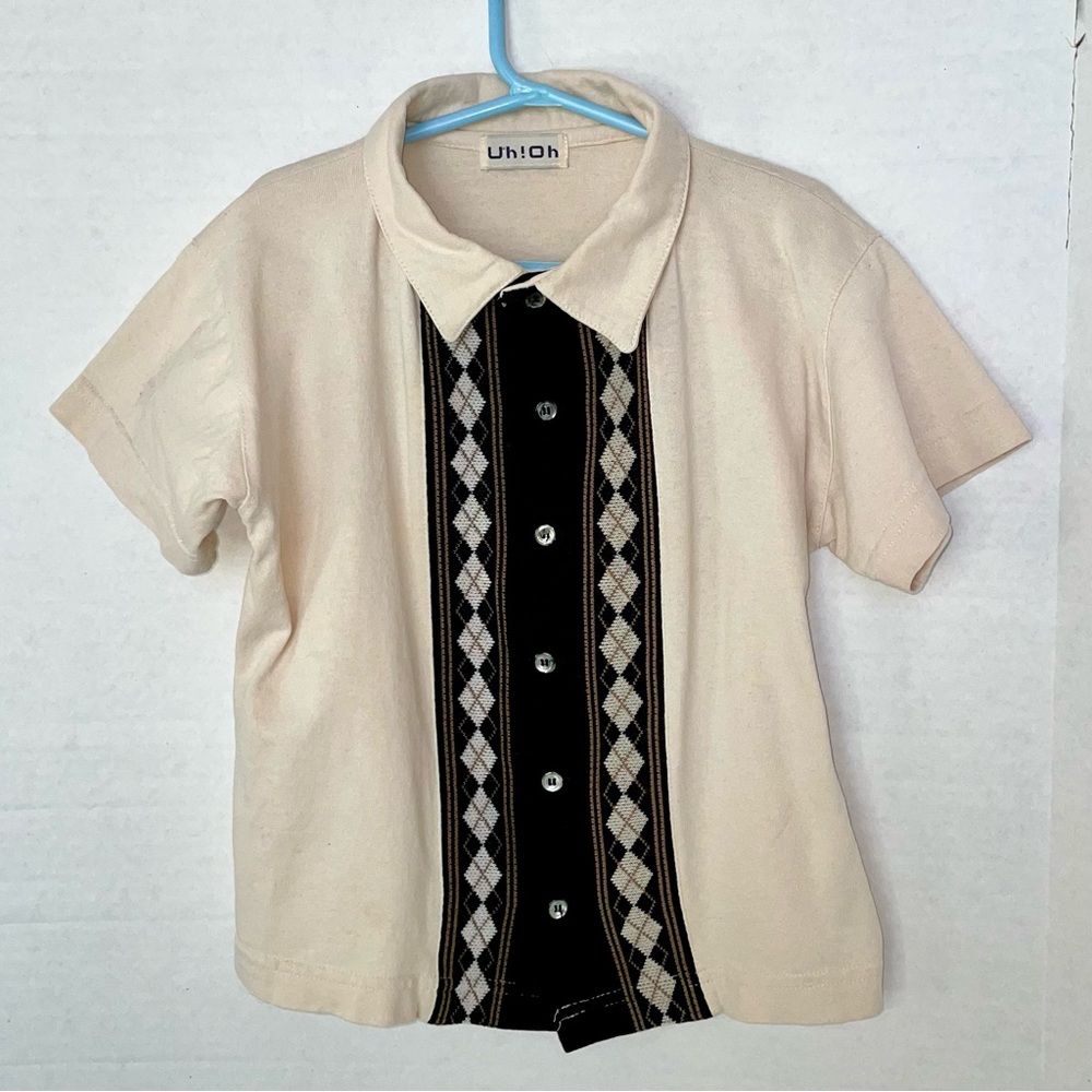 EUC iconic ‘90s beige & black short-sleeve button-front collared shirt